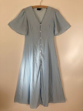ASOS Design blue white checked button up feminine midi dress butterfly sleeves